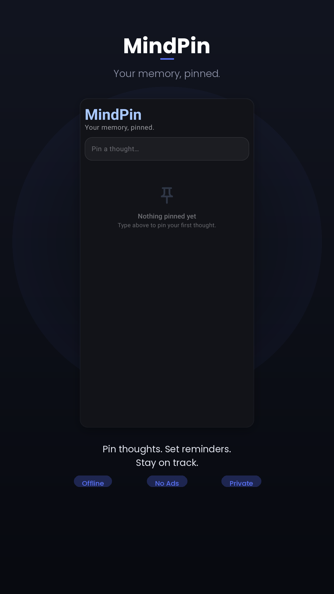 MindPin screenshot showing the pinned note home screen