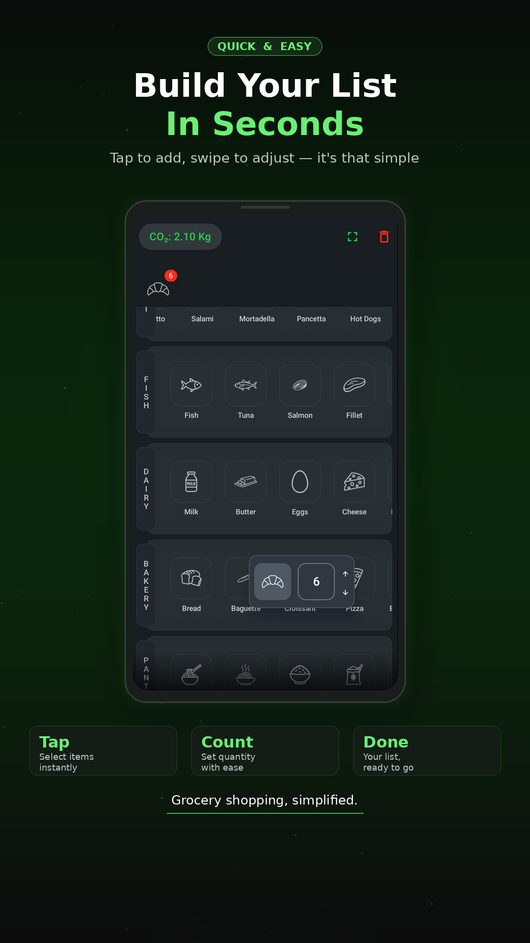 ShopList screenshot showing fast grocery list building and quantity adjustment
